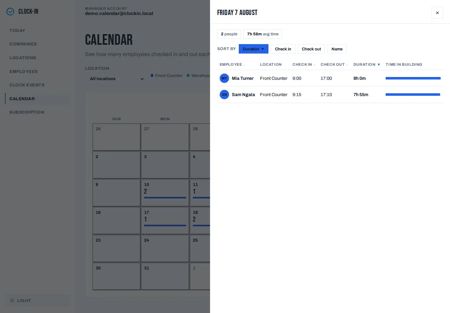 Clock-In calendar day view listing each person with their check-in time, check-out time, and duration