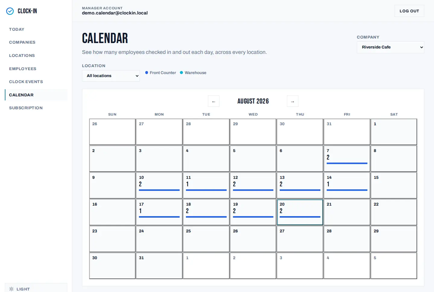 Clock-In calendar showing how many people checked in each day across every location